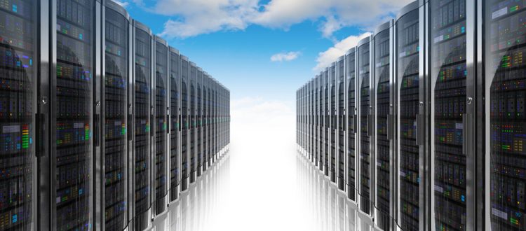 Cloud computing and computer networking concept: rows of network servers against blue sky with clouds